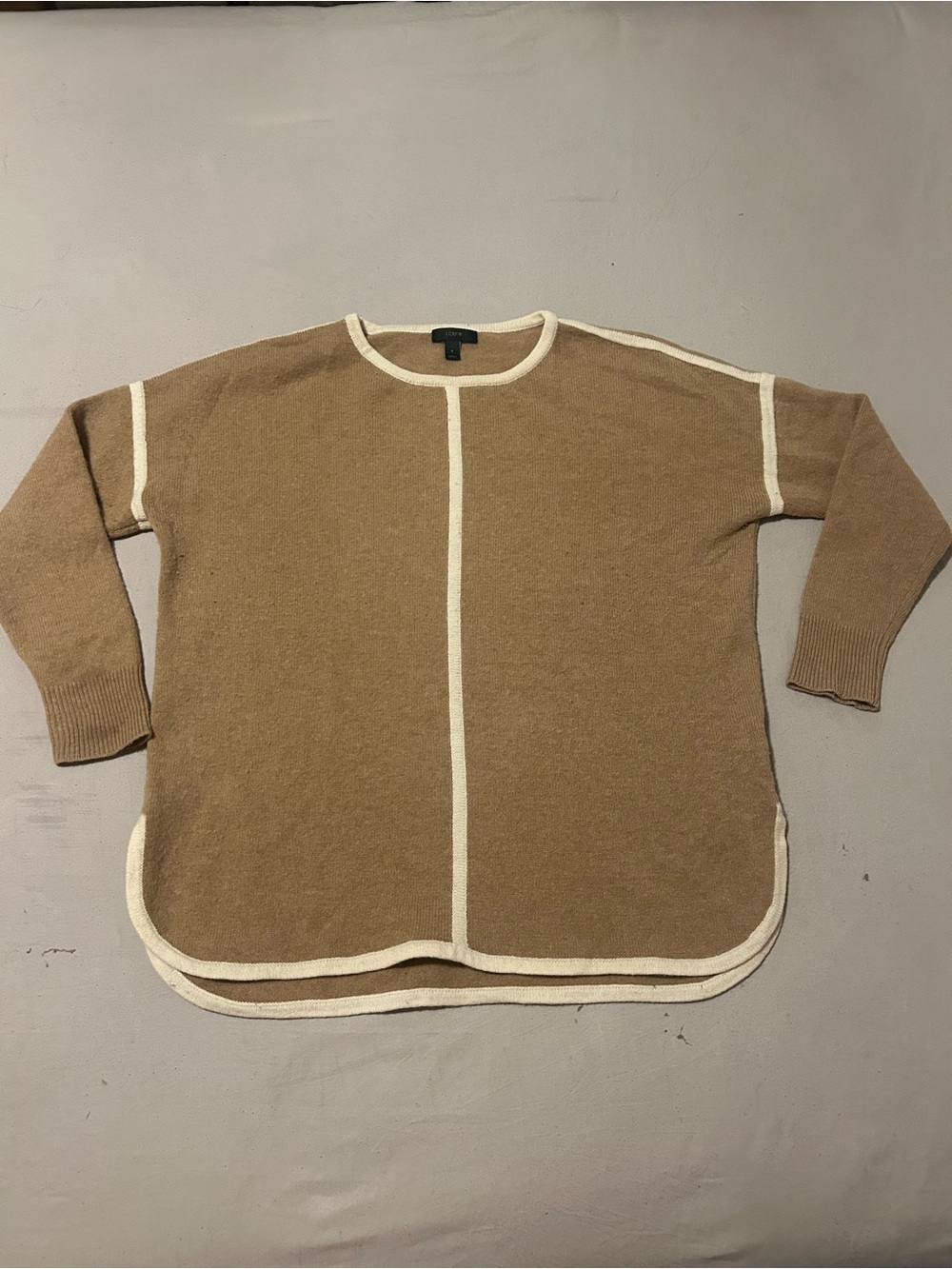J. Crew Tan Crewneck Sweater with Cream Contrast Piping